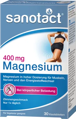 Produktbild von sanotact Magnesium 400 (30 Kautabletten) - Magnesium hochdosiert für Muskeln & Nerven - 400mg Magnesium mit Sofortwirkung