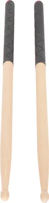 Two drumsticks with black grip tape on a white background.