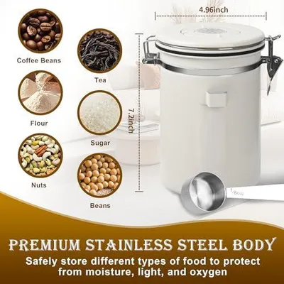 Produktbild von Kaffeebohnen Behälter, Luftdichte Edelstahl Kaffeedose1,8 L KaffeebohnenbehäLter mit EdelstahllöFfel, Multifunktionales Kaffeebohnen Behälter für Tee NüSse Kakao LäNger und Frisch Bleiben (Weiß)