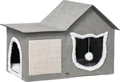 Produktbild von Katzenhöhle Mit Kratzfläche Und Doppeltüren Kuschelhöhle Mit Kissen & Spielball, Polyester, Grau