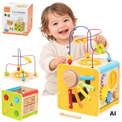 Productafbeelding van Viga Polarb houten educatieve kubus 5-in-1 motorluslabyrintsorteerder