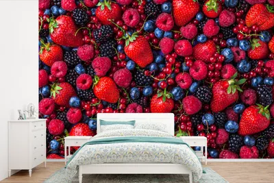 Produktbild von MuchoWow® Fototapete für Wohnzimmer oder Schlafzimmer Wandtapete Vinyl Motivtapete Obst - Wald - Erdbeere - 450x300 cm - Gemusterte