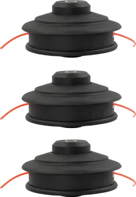 Three black trimmer heads with orange trimmer lines are arranged vertically against a white background.