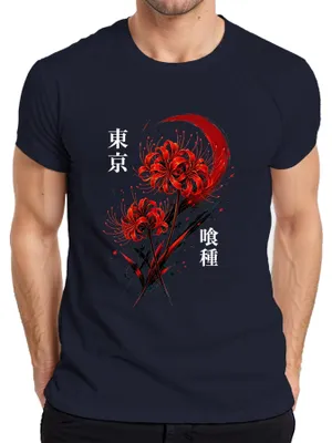 Productafbeelding van Rood Spider Lily (Higanbana), Japanse bloem, Japan, Y2K, Aziatisch, heren T-shirt, marineblauw, maat S