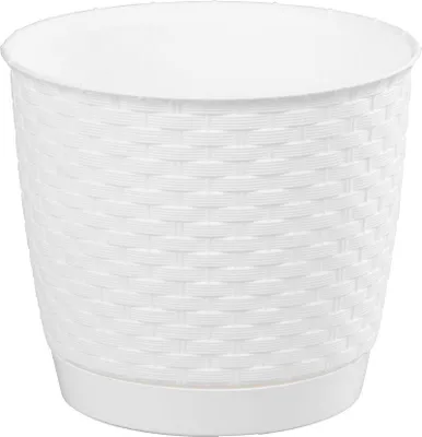 A white round planter with a woven texture and a matching saucer, isolated on a white background.