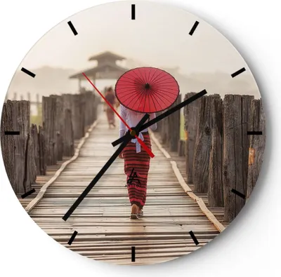Produktbild von Wanduhr - Rund - Glasuhr - Birma Regenschirm Brücke - 30x30cm - Schleichendes Uhrwerk - Lautlos - zum Aufhängen bereit - Dekoration Modern - Wanddekoration aus Glas - C3AR30x30-4261