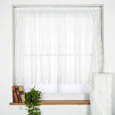 Produktbild von Scheibengardine Makrameé Leinenoptik nähfrei wollweiß 90cm H