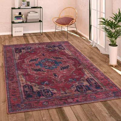 Produktbild von Teppich Wohnzimmer Flachgewebe Vintage Orient Ornamente Bordüre Waschbar Grösse 200 cm Rund