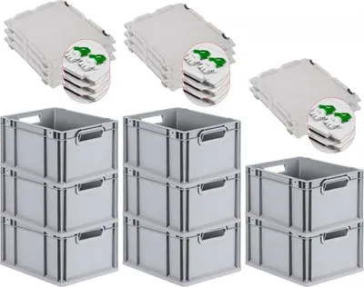 Produktbild von SuperSparSet 8x Eurobox NextGen Grip mit Scharnierdeckel und grünen Schiebeschnappverschlüssen | HxBxT 22x30x40cm | 20 Liter | Grau | Griffe offen | Glatter Boden | Eurobehälter, Transportbox, Transportbehälter, Stapelbehälter