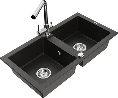 Produktbild von Mexen Mario 2-Becken-Granitspüle mit Mischbatterie Duero, Schwarz/Gold metallisch - 6504-75-671600-00