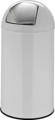 A white trash can with a silver push lid.