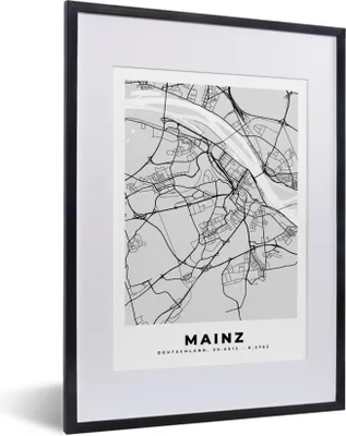Produktbild von MuchoWow® Gerahmtes Poster Stadtplan - Deutschland - Mainz - Karte 30x40 cm - Poster mit Schwarzem Bilderrahmen Wandposter Rahmen Foto Bilder - Wandposter Schlafzimmer
