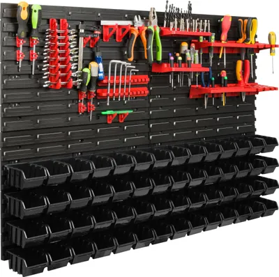 Obrázek produktu pro Skladovací systém Dílenské regály | 115 x 78 cm | 56 ks. Box | Nástěnné regály s držáky na nářadí a stohovatelnými boxy – Nástěnné desky Extra silné regály s přihrádkami Nástěnné regály s otvory pro nářadí Skladové regály Garážové regály
