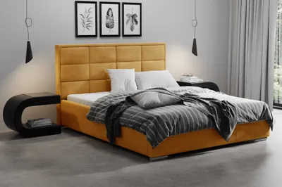 Produktbild von AGMAT Polsterbett VIGO mit Kopfteil, 140 x 200 cm, Doppelbett mit Bettkasten und Lattenrost aus Metall, Velourstoff: Gelb