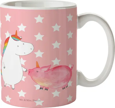 Produktbild von Mr. & Mrs. Panda Kaffeetasse Einhorn Schwein - Rot Pastell - Geschenk, Einhörner, Tasse, Freundin, Kaffeebecher, Teetasse, Schweinchen, Unicorn, Trinkbecher
