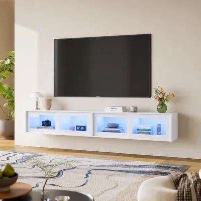 Produktbild von Schwebendes TV-Lowboard 200cm Weiß Hochglanz, 2 Module mit kaltweißer LED-Beleuchtung, Acryl-Schiebetüren, wandmontierbar & standfest
