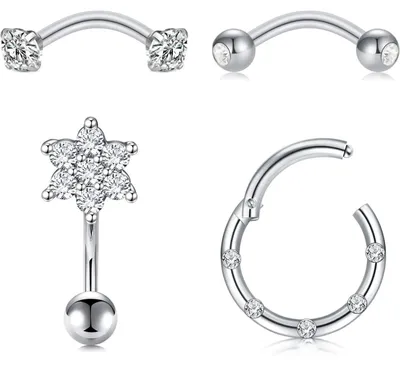 Produktbild von Augenbrauenpiercing Set 4 Stück 16G 8mm Chirurgenstahl mit Diamant Perle Star Rook Daith Bauchnabelpiercing Silber