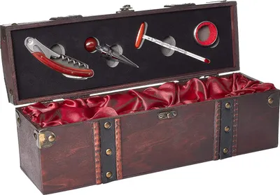Immagine prodotto di BRUBAKER Kit di accessori da bar 5 in 1 con scatola da vino in legno - set di decanter da sommelier in acciaio inox con coltello da cameriere + tappo per bottiglie + termometro per vino + anello salvagoccia per set regalo vino