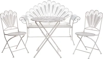 Produktbild von BELIANI Balkonset Cremeweiß Eisen 4-teilig Pfauen-Design Romantischer Französischer Stil Runder Tisch mit 2 Stühlen u. Bank Klappbar Outdoor Terrasse