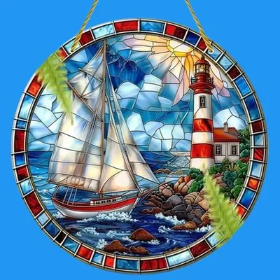 Produktbild von GKA XL Sonnenfänger Leuchtturm und Segelboot bunt 20 cm Buntglas Lichtfänger Fensterbild Fenster Fensterschmuck Fensterdeko