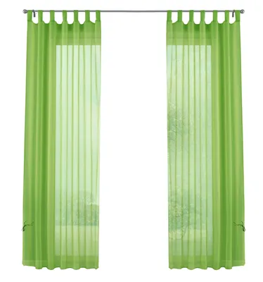 Two green sheer curtains hanging from a curtain rod.
