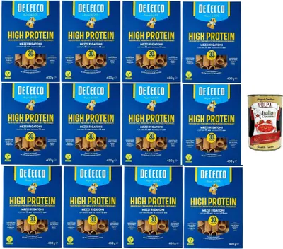 Produktbild von De Cecco Mezzi rigatoni Nr. 26, High protein, Italienische Hartweizennudeln, 12 Packungen à 400g, Pasta aus 100% italienischem Hartweizen, + Italian Gourmet polpa 400g