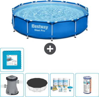 Produktbild von Bestway Round Steel Pro Swimmingpool – 366 x 76 cm – Blau – inklusive Pumpe Abdeckung - Wartungspaket - Filter - Bodenfliesen