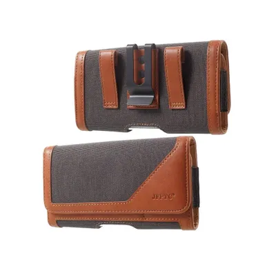 Two views of a phone holster with a belt clip.