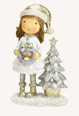 Diese Figur stellt ein junges Mädchen dar, das festlich für die Weihnachtszeit gekleidet ist.