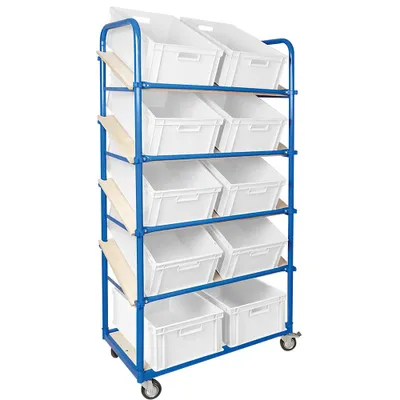 Produktbild von Schrägboden-Regalwagen mit 5 Ebenen, bestückt mit 10 Euroboxen 600x400x220 mm weiß