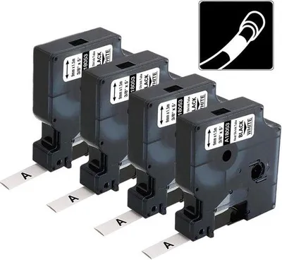 Zdjęcie produktu dla Zamiennik etykiet Krimpkous dla urządzeń DYMO - Etykiety - Czarno-białe - 3/8" x 4,9' - Opakowanie 4 sztuki - Kompatybilne z DYMO Rhino 4200/5200/5000/6000