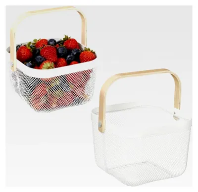 Produktbild von Drahtkorb mit Griff, eckiger Aufbewahrungskorb, Garten-Erntekörbe, Tragekorb im Loft-Stil, 18 x 24,5 x 24,5 cm, 2 Stück (Weiß)