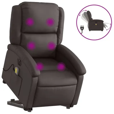 Image de vidaXL Fauteuil de massage avec releveur électrique Marron foncé Cuir véritable