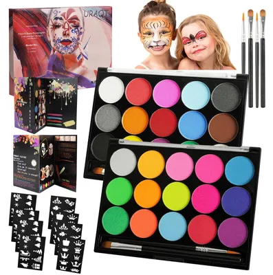 Produktbild von Gesichtsfarbe Schminke Set - 15 Farben - 15 Neonfarben - 2 Pinsel - 80 Schablonen