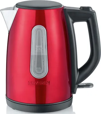 A studio shot of a red electric kettle.