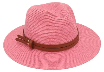 Produktbild von Damen-Jazzhut mit breiter Krempe, Kunstledergürtel, Strandhut aus Stroh, verstellbare Größe, UV-Schutz, faltbar, Sommerhut