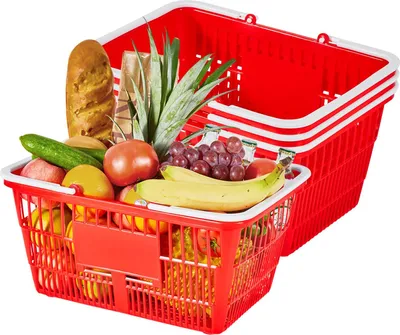 Zdjęcie produktu dla Kosze na zakupy – zestaw 4 sztuk – pojemność 21 l – tworzywo PE – z uchwytami do przenoszenia – możliwość układania w stosy – do supermarketów, sklepów detalicznych i gospodarstw domowych – kolor czerwony