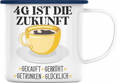 Produktbild von Trendation - Lustige Emaille Tasse mit Spruch für Frauen Männer Kaffeeliebhaber Gekauft Gebrüht Getrtunken Glücklich Emaille Tasse mit Spruch (Blau)