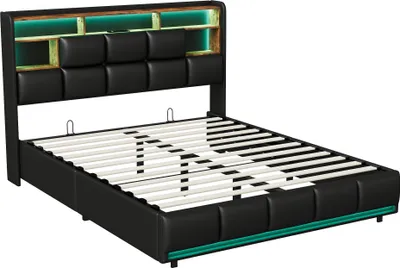 Image de Fortuna Lai Lit rembourré 160x200 cm, LED & USB-C, lit de rangement hydraulique avec sommier à lattes, PU, noir, lit double