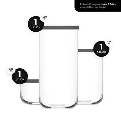 Zdjęcie produktu dla Zestaw słoików do przechowywania LAV DUO 3 szt - 380 ml + 1000 ml + 1400 ml - Przezroczysty z pokrywką