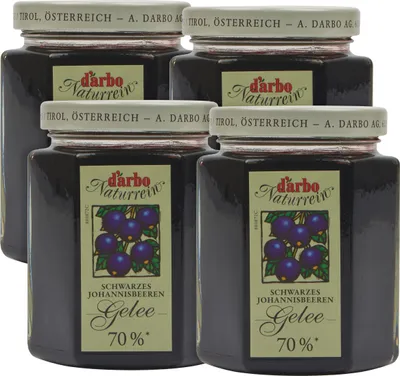 Produktbild von Food-United GELEE EXTRA aus schwarzen Johannisbeeren-Saft und Konzentrat von DARBO Naturrein 4x 200g Glas fruchtig und veganer Brot--Aufstrich Johanisbeergelee perfekt für Torten Kuchen Füllungen Brot und Brötchen Porridge Pudding Frühstück Gebäck Eisc