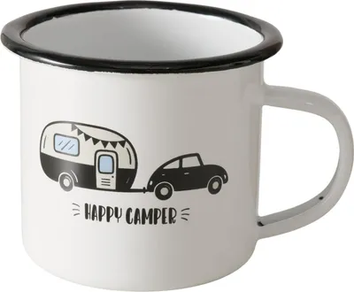 Produktbild von Camping Emaillebecher „Happy Camper“ – 300 ml, Metallbecher Schwarz/Weiß