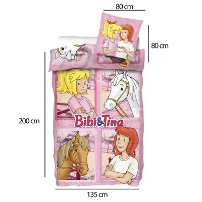 A children's bedding set featuring cartoon characters and horses, with size dimensions indicated.