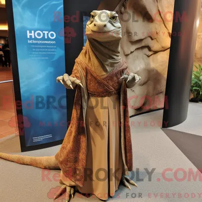 Produktbild von Maskottchen REDBROKOLY eines braunen Komodowarans in Maxikleid und Wickelkleid