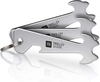 Produktbild von FABACH 3 x Trolley Shark Einkaufswagenlöser Schlüsselanhänger - Abziehbarer Einkaufswagenchip, Einkaufschip für Einkaufswagen aus Edelstahl/Metall - Kein Steckenbleiben im Pfandschloss