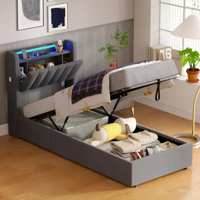 Produktbild von MODFU Boxspringbett Jugendbett 90x200 mit LED und Steckdosen,Polsterbett mit Bettkasten,Stauraumbett,ohne Matratze,Grau