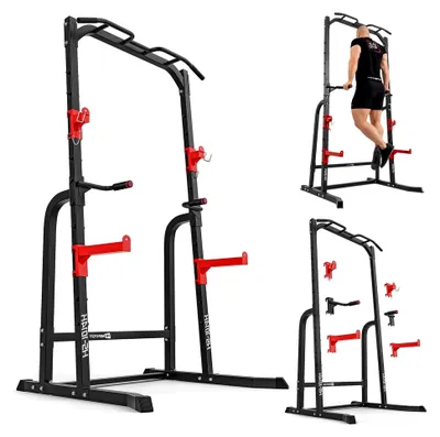 Produktbild von HOP SPORT Kraftturm mit Kniebeugenständer, Push-Up-Griffen, Dip-Station und Klimmzugstange - stabile Stahlkonstruktion bis 300 kg