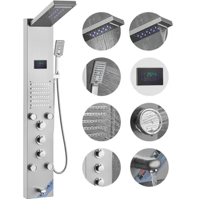 Immagine prodotto di Sistema di pannelli doccia, 6 modalità di doccia LED e schermo a torre per la potenza dell'acqua - pioggia, cascata, 5 getti massaggianti - bocca da bagno, doccetta - set doccia a parete in acciaio inox.