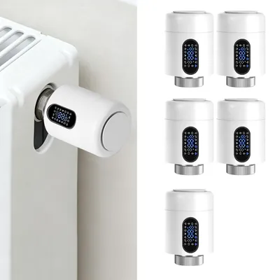 Obrázek produktu pro Ikodm Chytrý termostat pro radiátory, WiFi, ovládání přes aplikaci, kompatibilní s platformami Smart Life/Tuya, 7 adaptérů, bílý, balení 5 kusů
