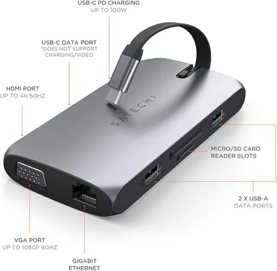 Produktbild von Satechi ST-UCMBAM, USB 2.0 Type-C, Schwarz, Silber, MicroSD (TransFlash), 60 Hz, HDMI, USB 2.0, USB Typ-C, VGA, 60,3 mm
